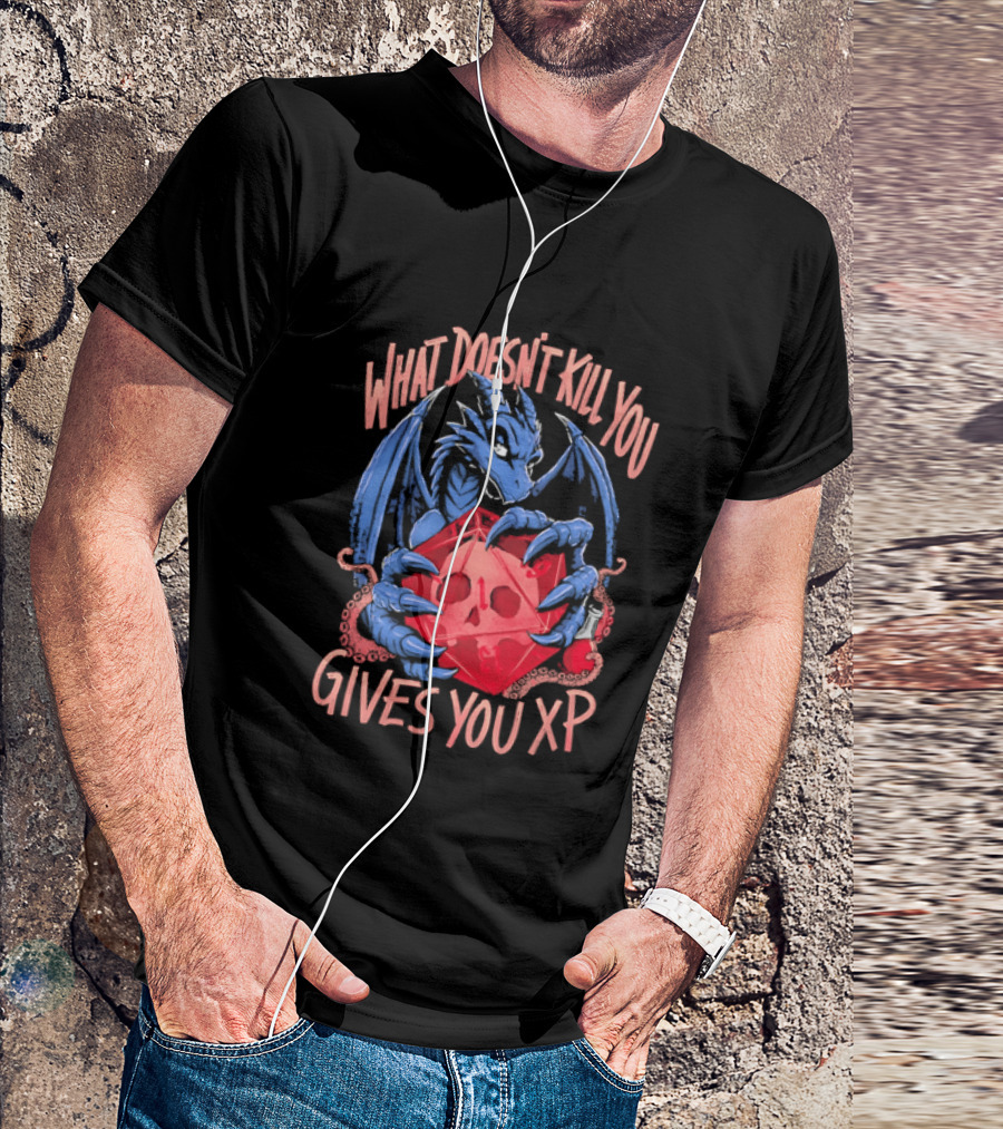 What Doesn't Kill You Gives You XP Blue Dragon Holding Red D20 Skull T-Shirt