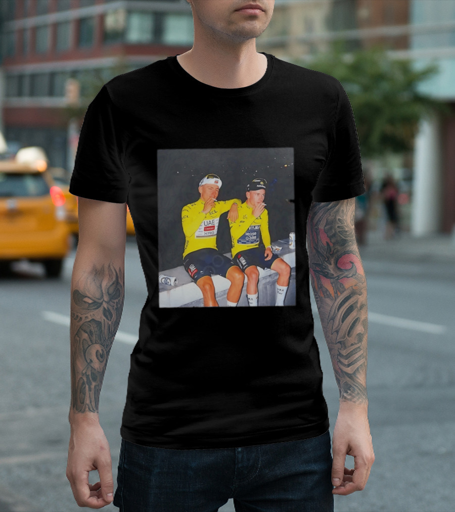 Tadej Pogačar Jonas Vingegaard Smoking LCL UAE Team Emirates Jumbo Visma Yellow Jersey T-Shirt