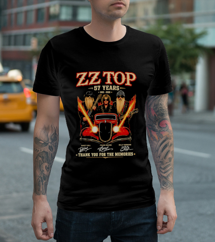 ZZ Top 57 Years 1969 2026 Dusty Hill Franc Beard Billy Gibbons Thank You For The Memories Classic Car And Guitars T-Shirt