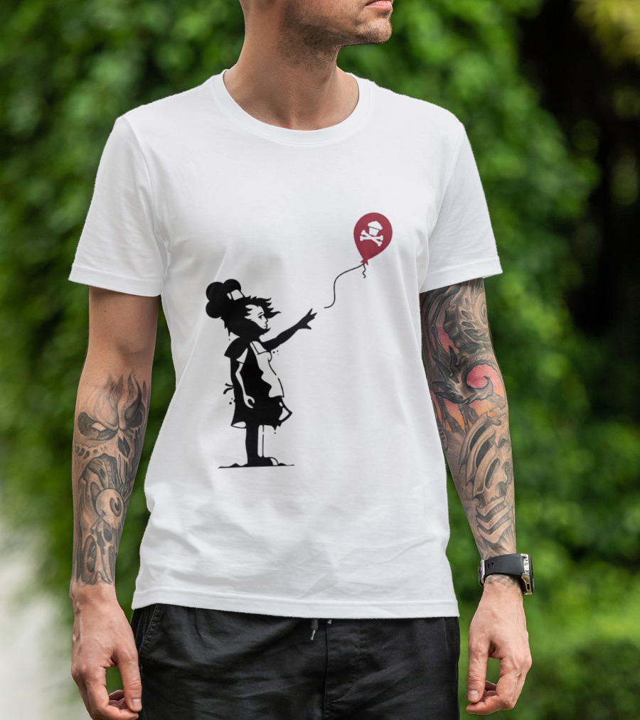 Baker Reaching For Cupcake And Crossbones Balloon Black Silhouette On Red T-Shirt