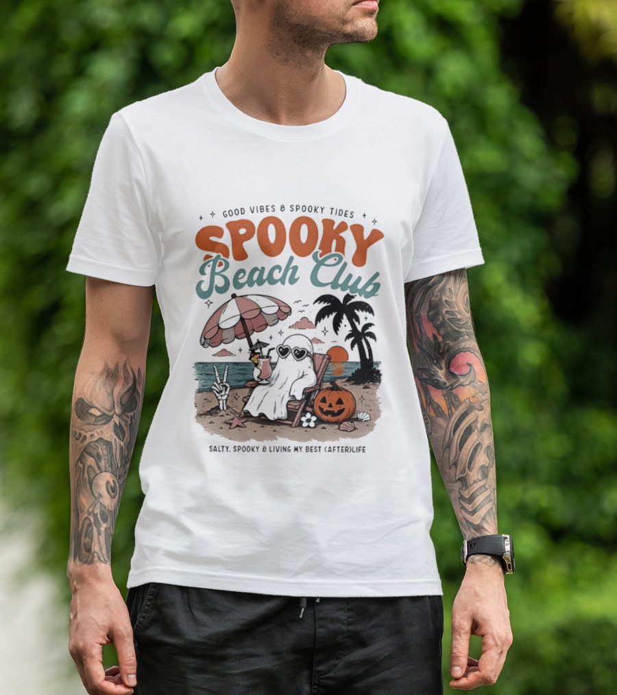 Good Vibes & Spooky Tides Spooky Beach Club Salty Spooky & Living My Best Afterlife T-Shirt