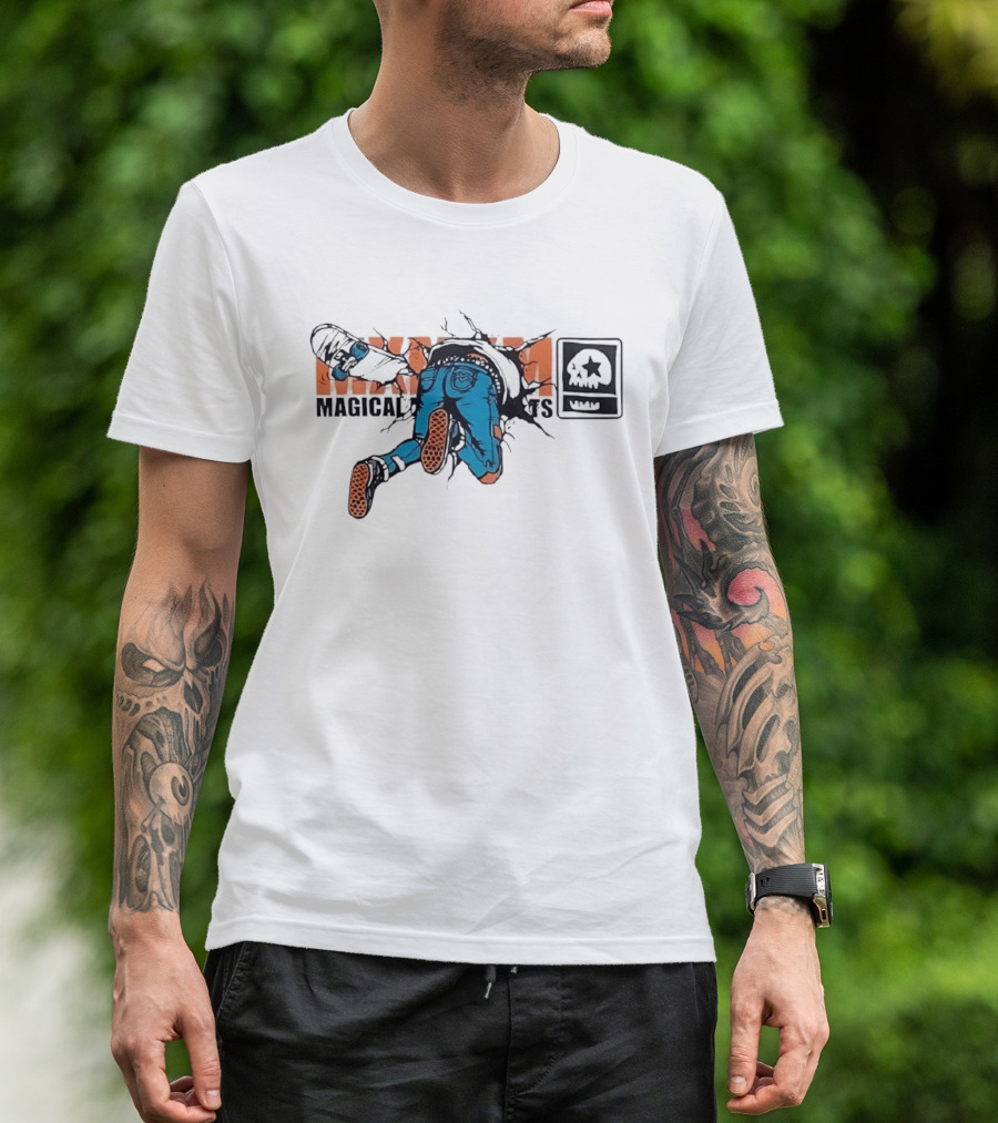 Magical Skateboarder Crashing Through Wall Skull Jeans Brick Wall T-Shirt