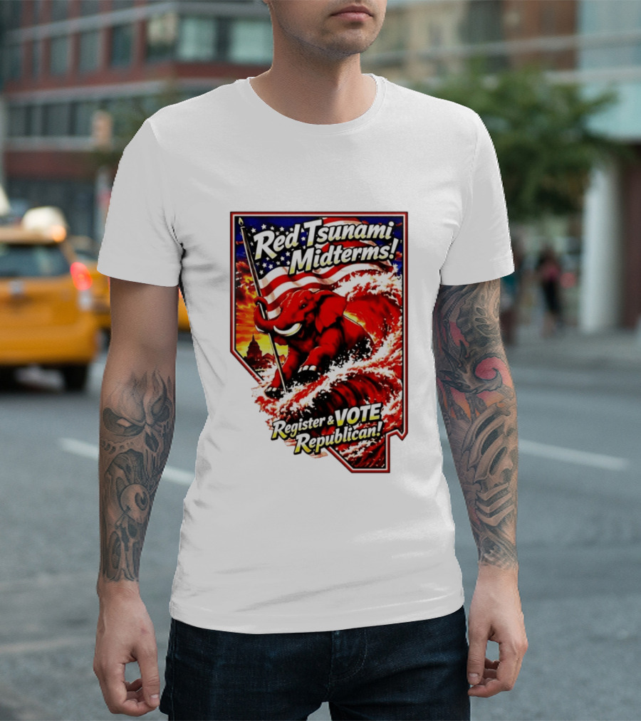 Red Tsunami Midterms Register And Vote Republican Political Elephant With American Flag T-Shirt