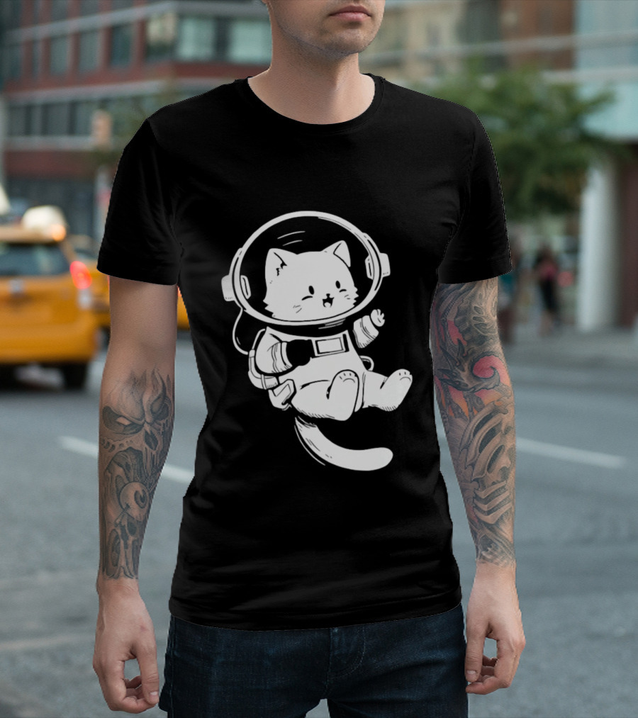 Astronaut Cat Floating In Space Suit Cosmic Adventure T-Shirt