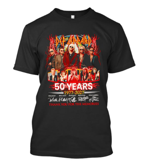 Def Leppard 50 Years 1977 2027 Thank You For The Memories Rock Legends Celebration Autographed Collage T-Shirt