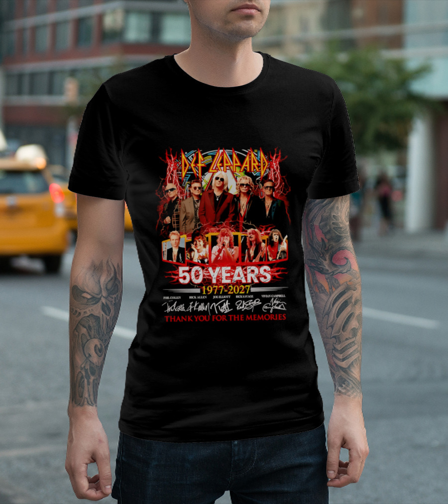 Def Leppard 50 Years 1977 2027 Thank You For The Memories Rock Legends Celebration Autographed Collage T-Shirt