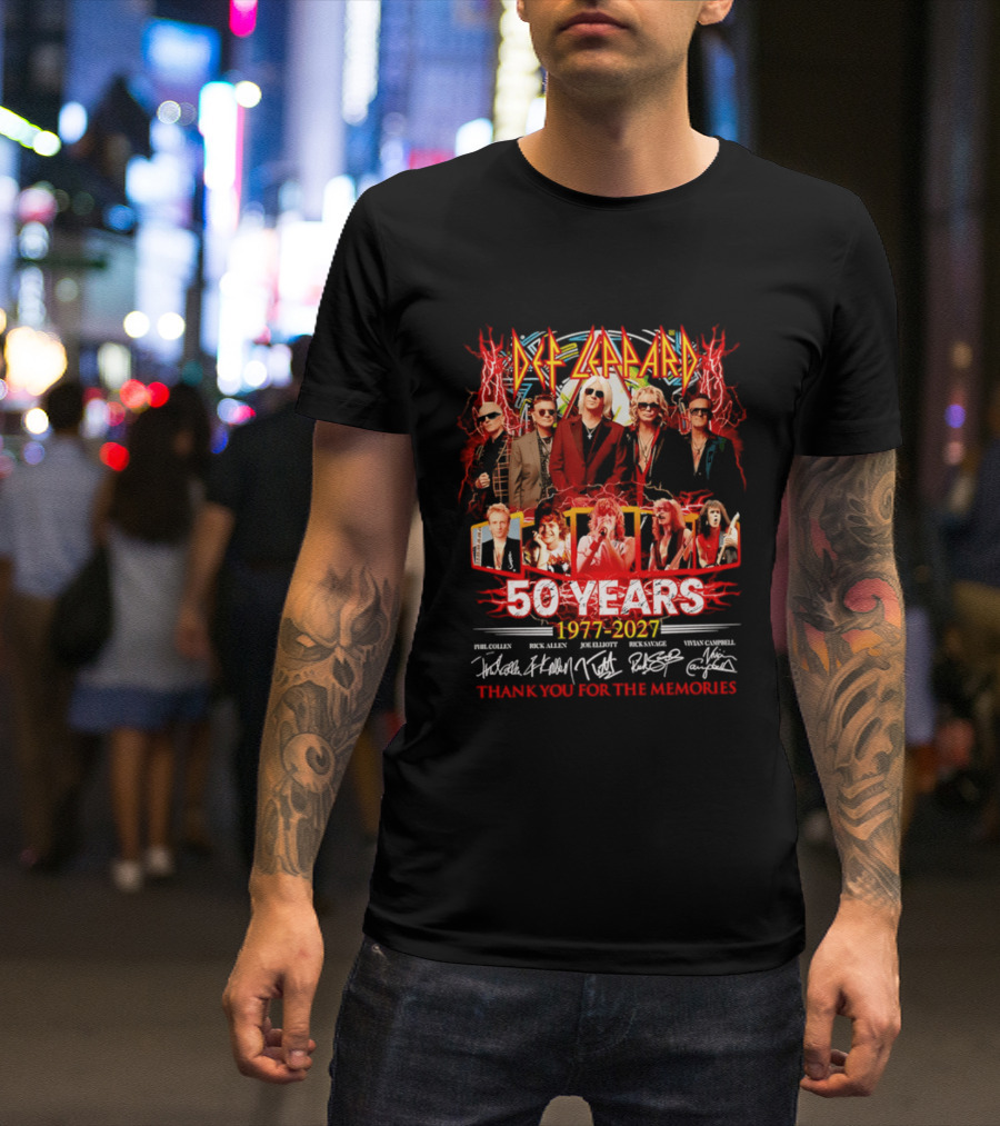 Def Leppard 50 Years 1977 2027 Thank You For The Memories Rock Legends Celebration Autographed Collage T-Shirt