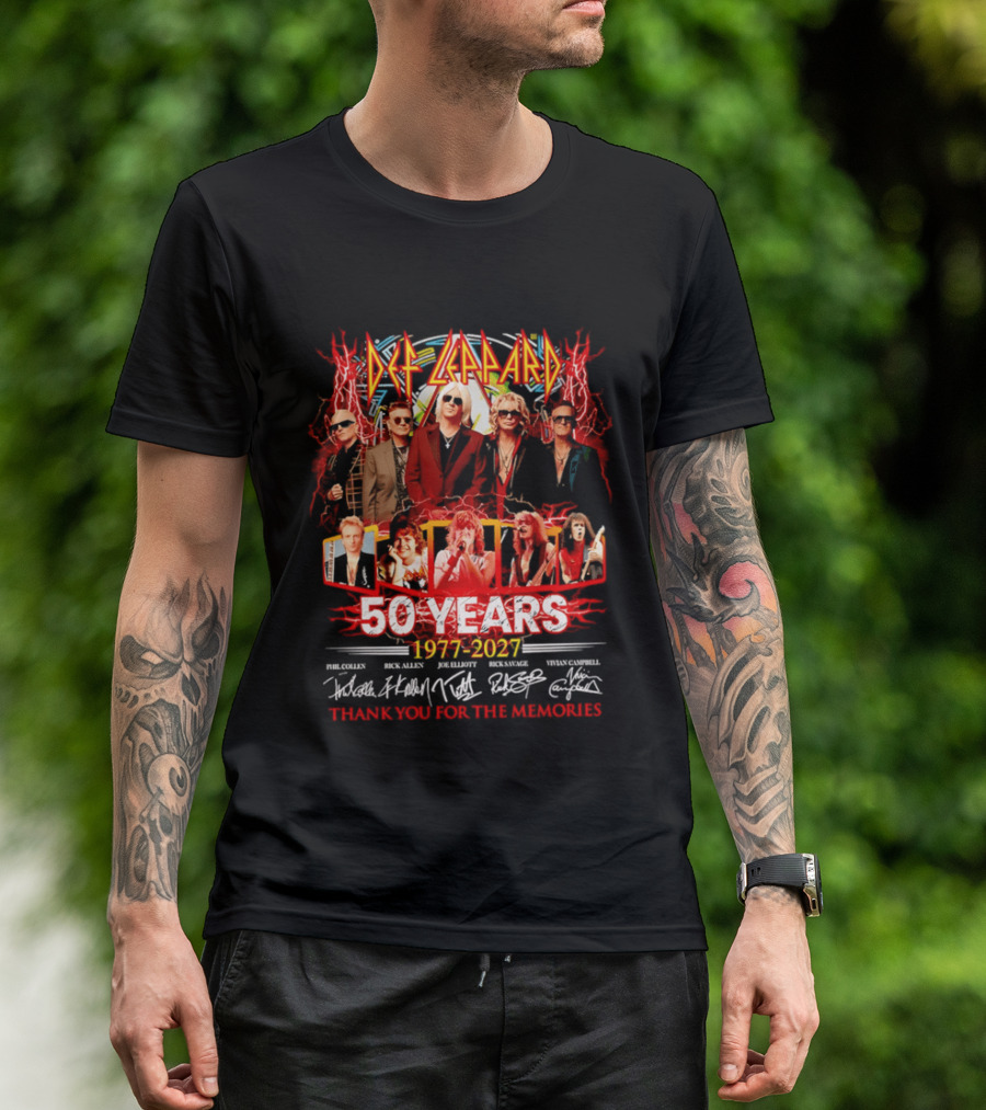 Def Leppard 50 Years 1977 2027 Thank You For The Memories Rock Legends Celebration Autographed Collage T-Shirt