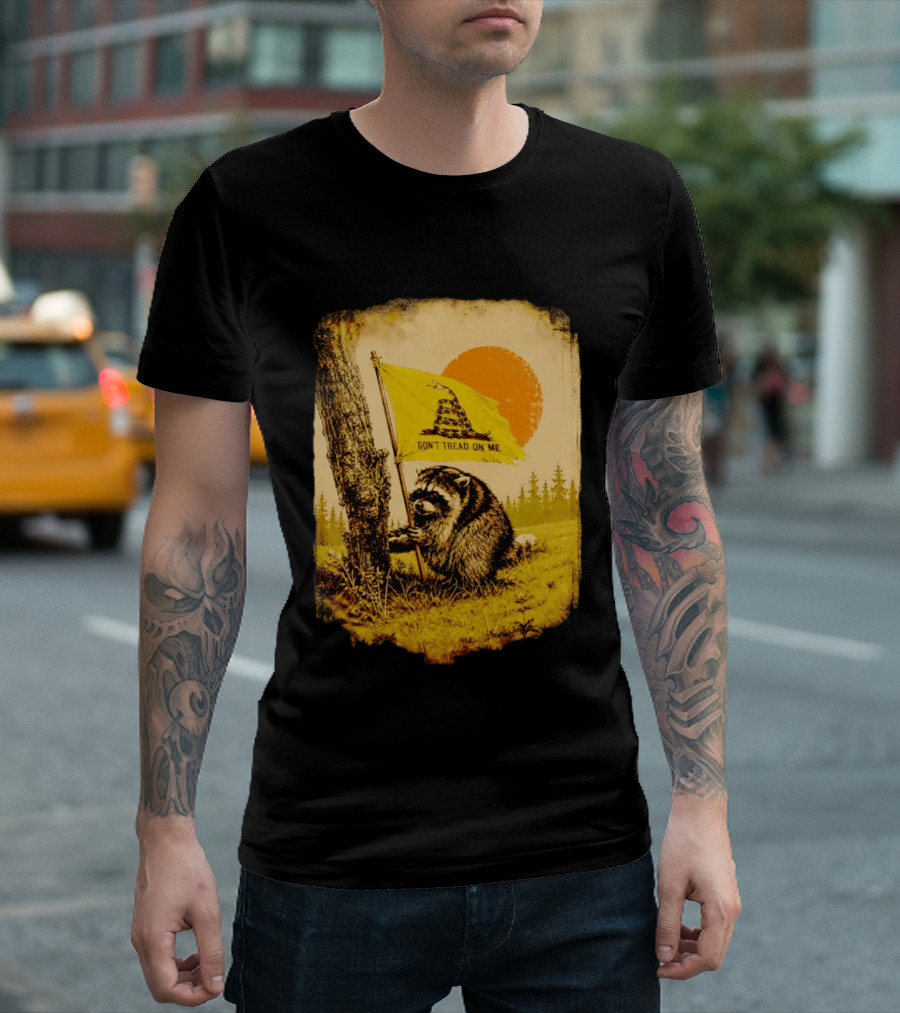 Don't Tread On Me Raccoon Holding Gadsden Flag Rustic Sun T-Shirt