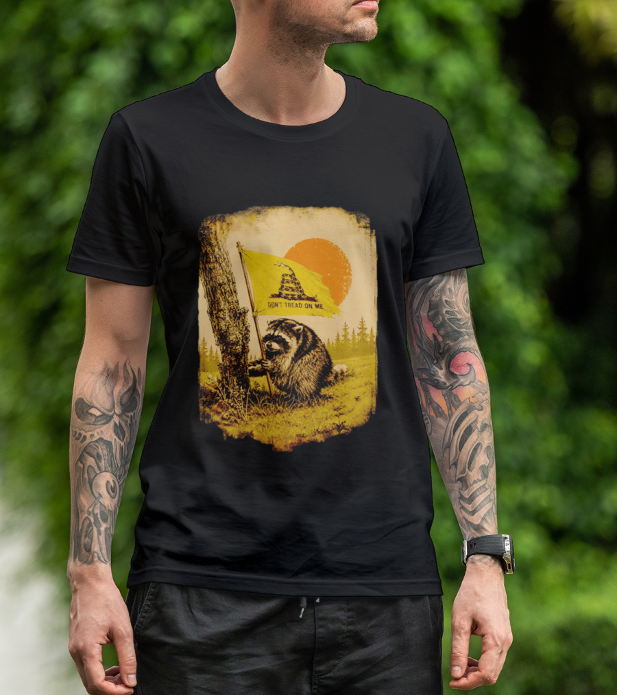 Don't Tread On Me Raccoon Holding Gadsden Flag Rustic Sun T-Shirt