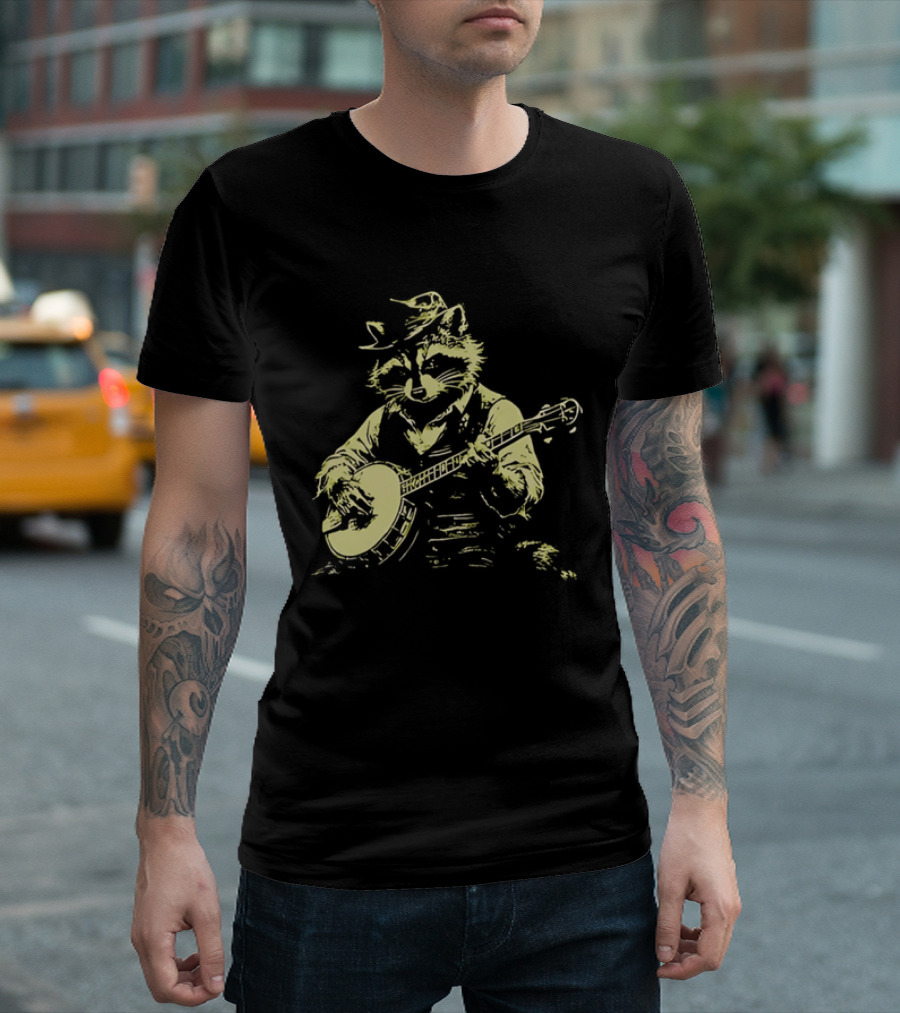 Raccoon Strumming Banjo Wearing Hat And Vest T-Shirt