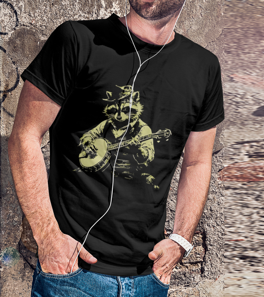 Raccoon Strumming Banjo Wearing Hat And Vest T-Shirt