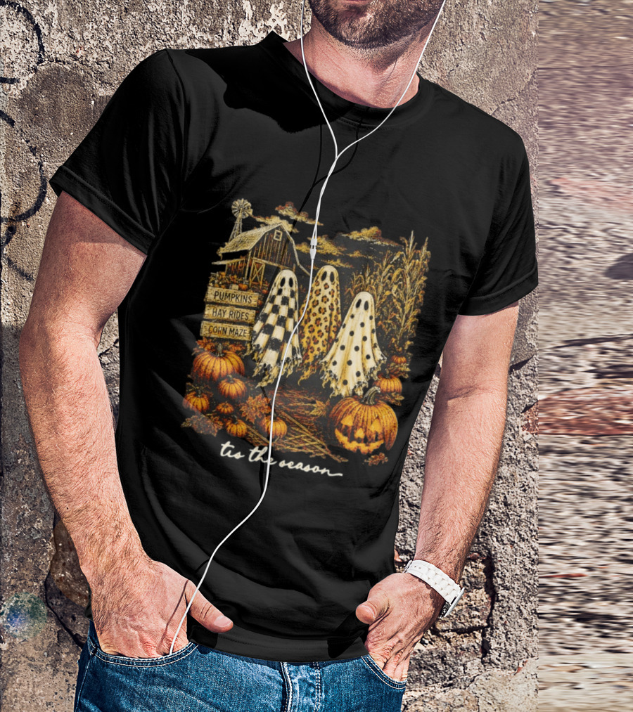 Tis The Season Halloween Ghosts Trio Pumpkins Hay Rides Corn Maze Spooky Autumn T-Shirt