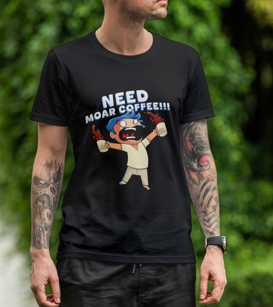 NEED MOAR COFFEE Cartoon Character With Spilled Cups T-Shirt