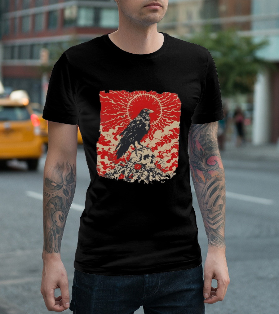 The Crow And The Skull Vintage Gothic Illustration Red Sunburst Mystical T-Shirt