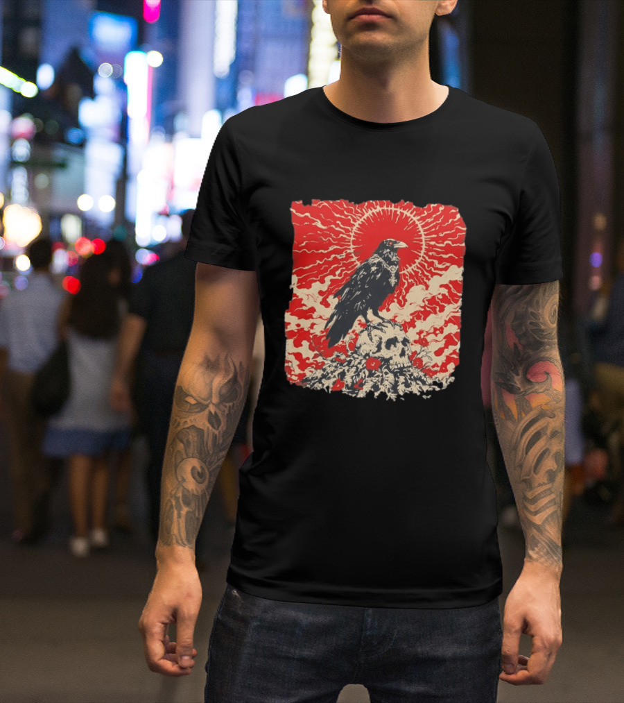 The Crow And The Skull Vintage Gothic Illustration Red Sunburst Mystical T-Shirt