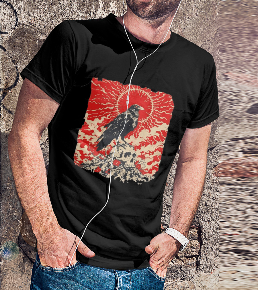 The Crow And The Skull Vintage Gothic Illustration Red Sunburst Mystical T-Shirt