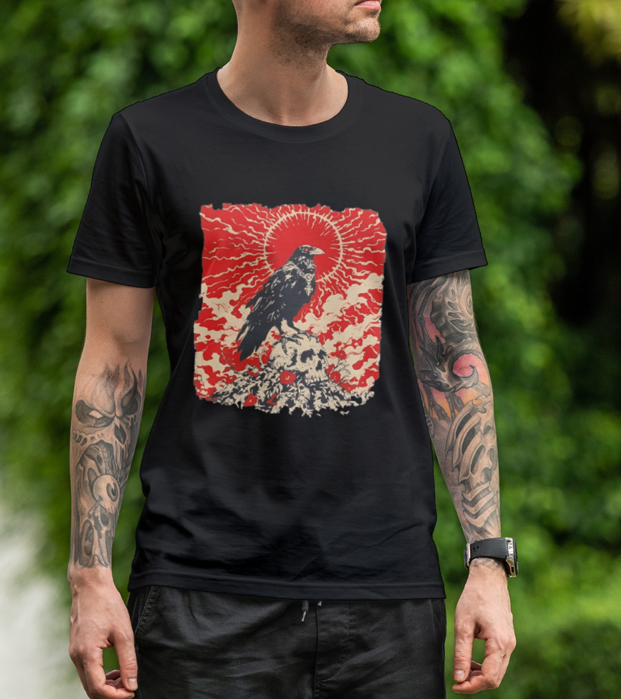 The Crow And The Skull Vintage Gothic Illustration Red Sunburst Mystical T-Shirt