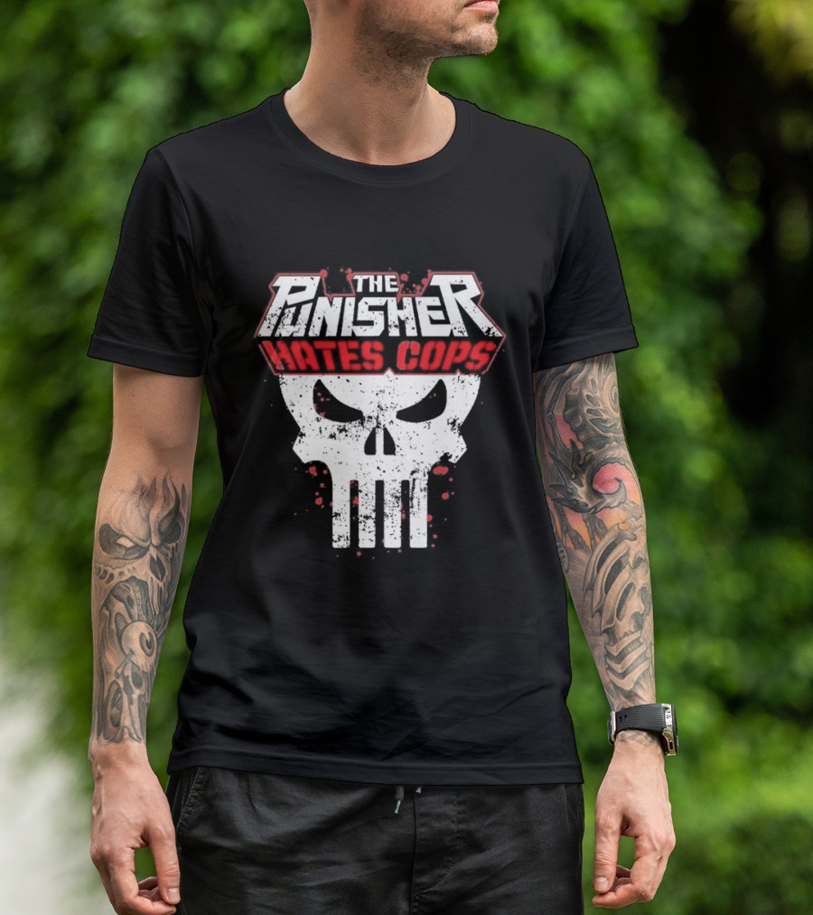 The Punisher Hates Cops Skull Symbol Red White T-Shirt