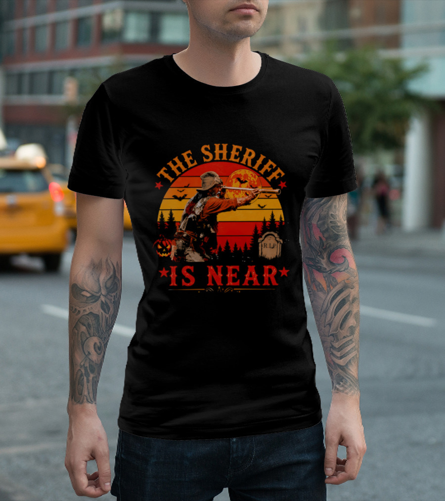 The Sheriff Is Near Halloween Cowboy Full Moon Tombstone Pumpkin Bats T-Shirt