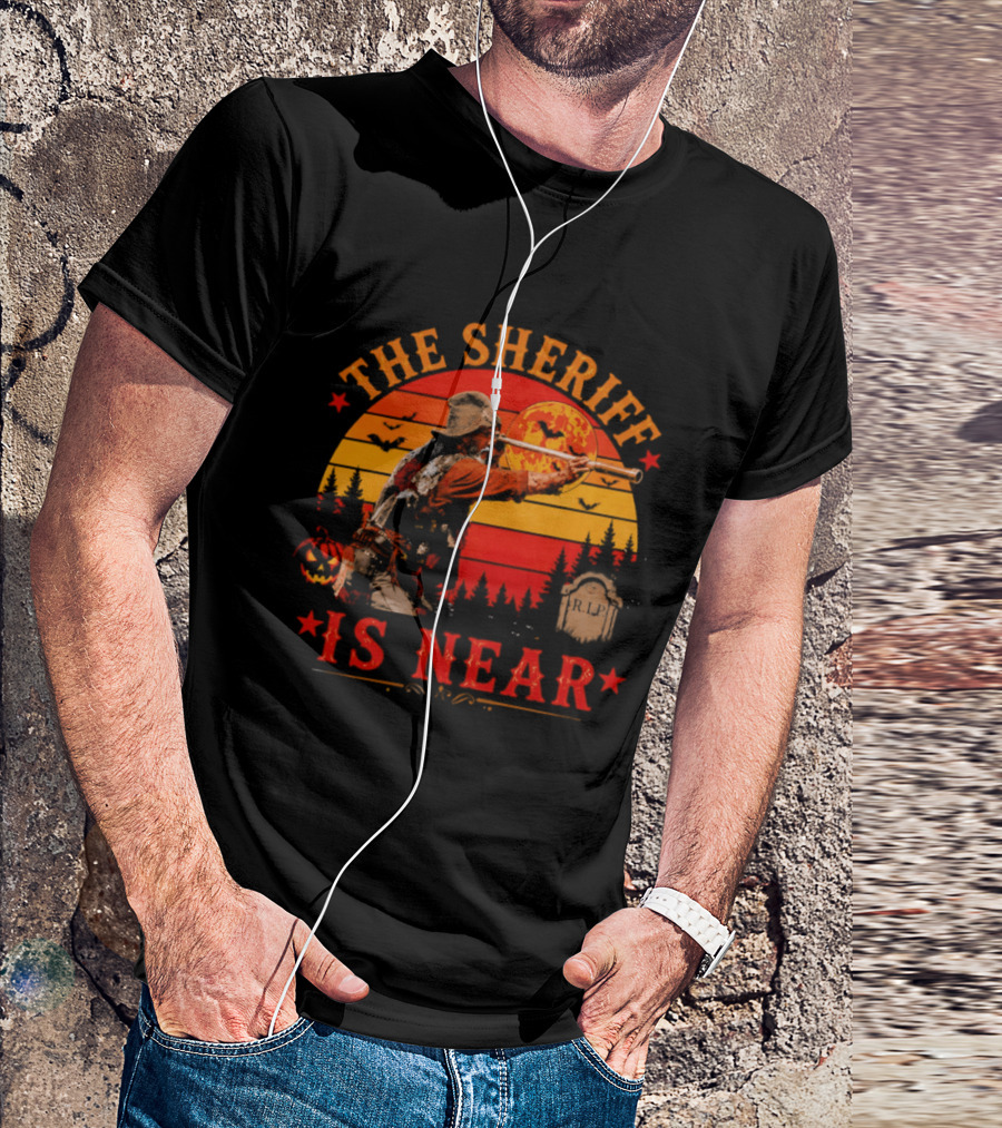 The Sheriff Is Near Halloween Cowboy Full Moon Tombstone Pumpkin Bats T-Shirt