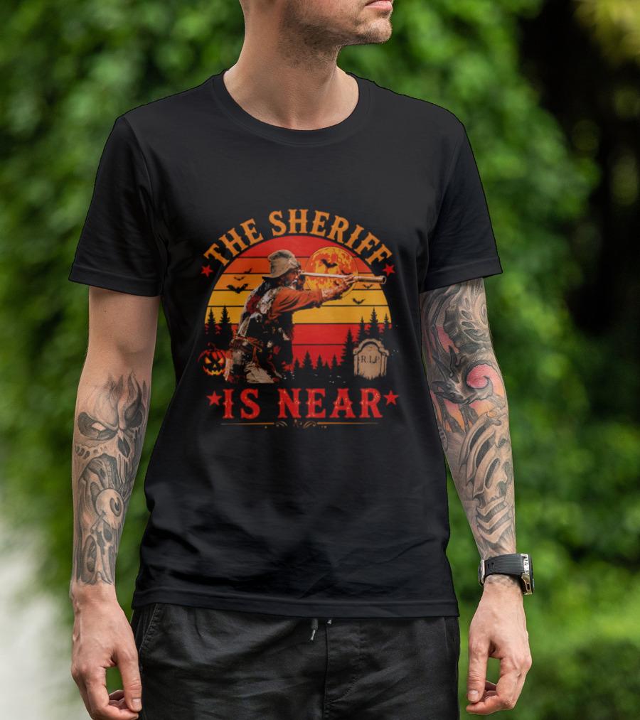 The Sheriff Is Near Halloween Cowboy Full Moon Tombstone Pumpkin Bats T-Shirt
