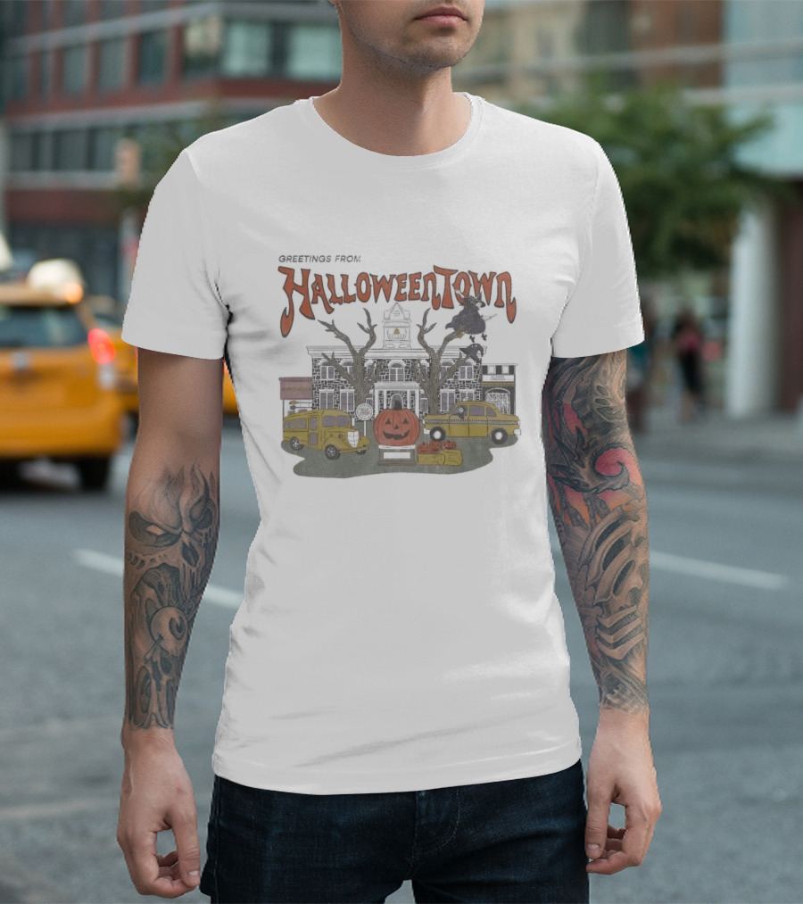 Greetings From Halloweentown Spooky Pumpkin Taxi Bus Haunted House Scene T-Shirt
