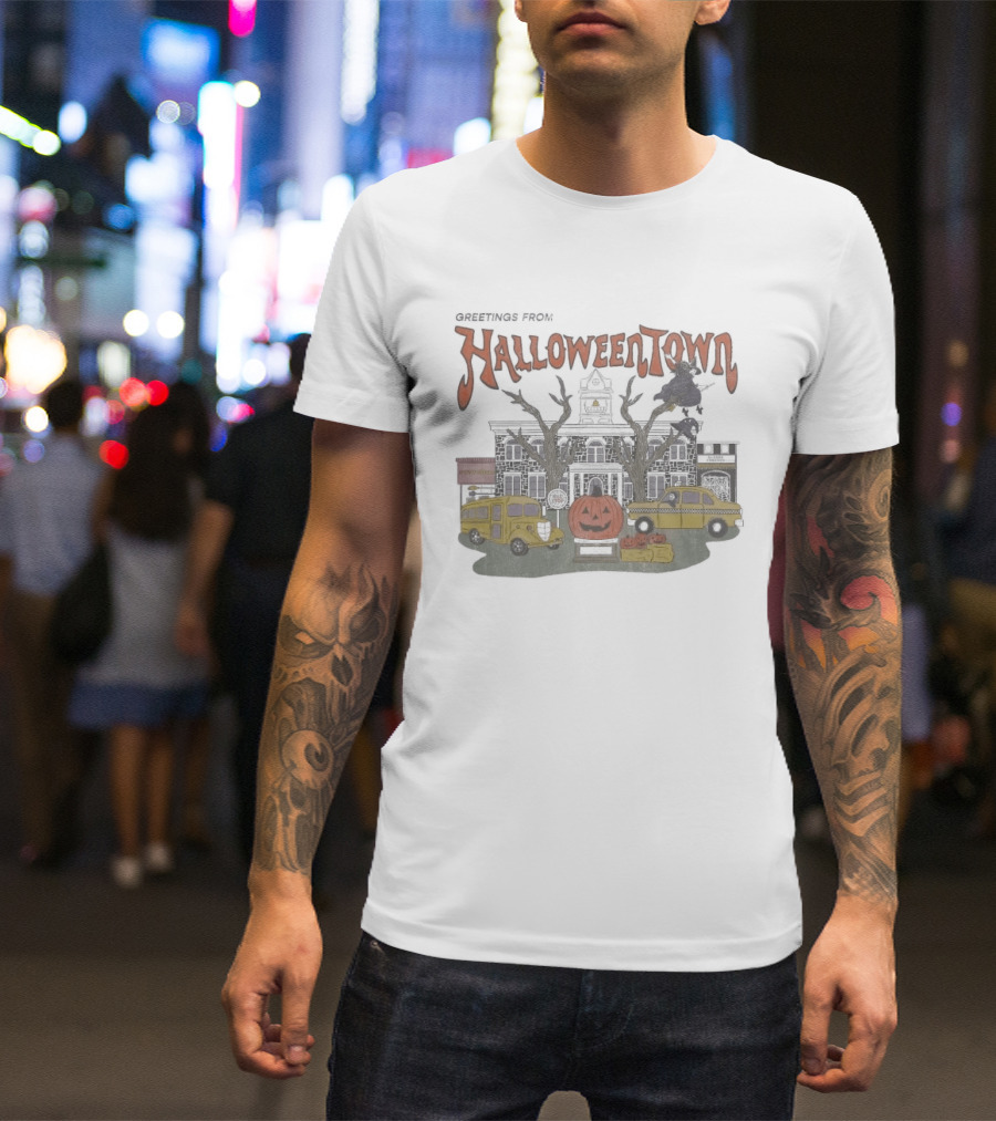Greetings From Halloweentown Spooky Pumpkin Taxi Bus Haunted House Scene T-Shirt