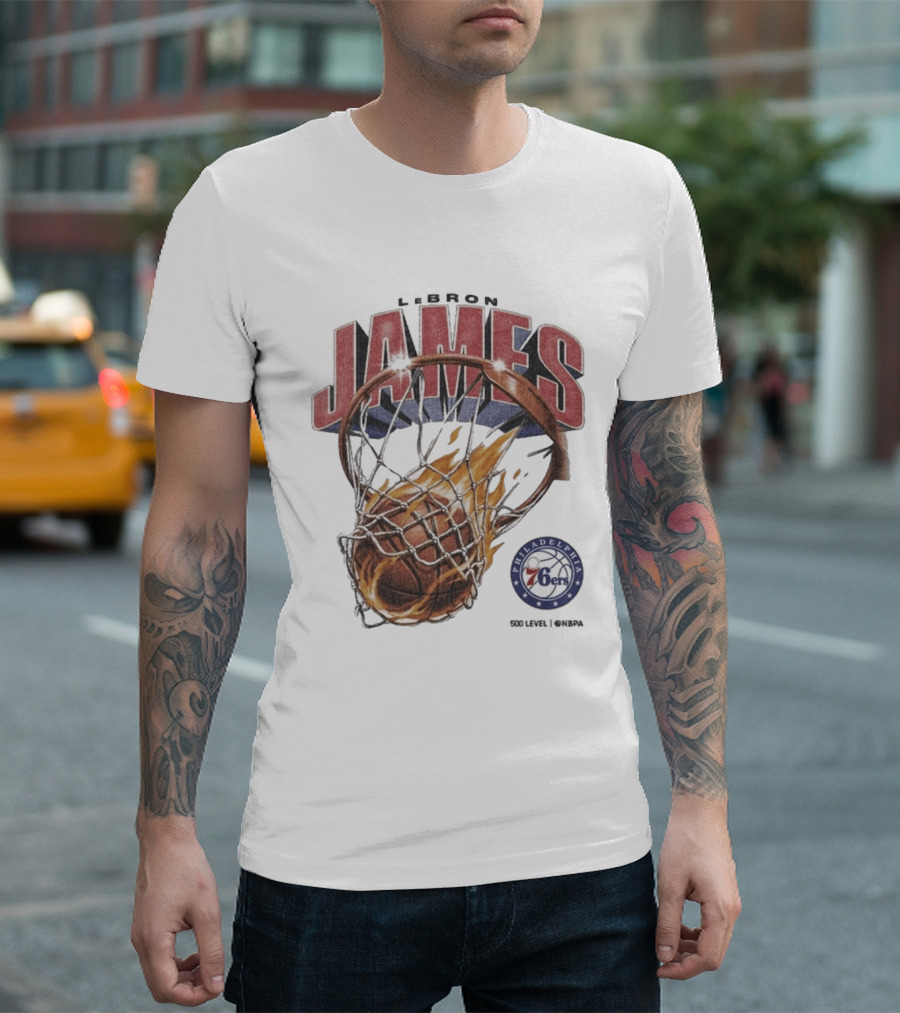 LeBron James Philadelphia 76ers Basketball Hoop Fire NBA 90s T-Shirt
