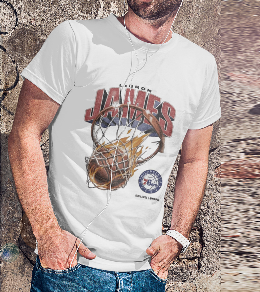 LeBron James Philadelphia 76ers Basketball Hoop Fire NBA 90s T-Shirt