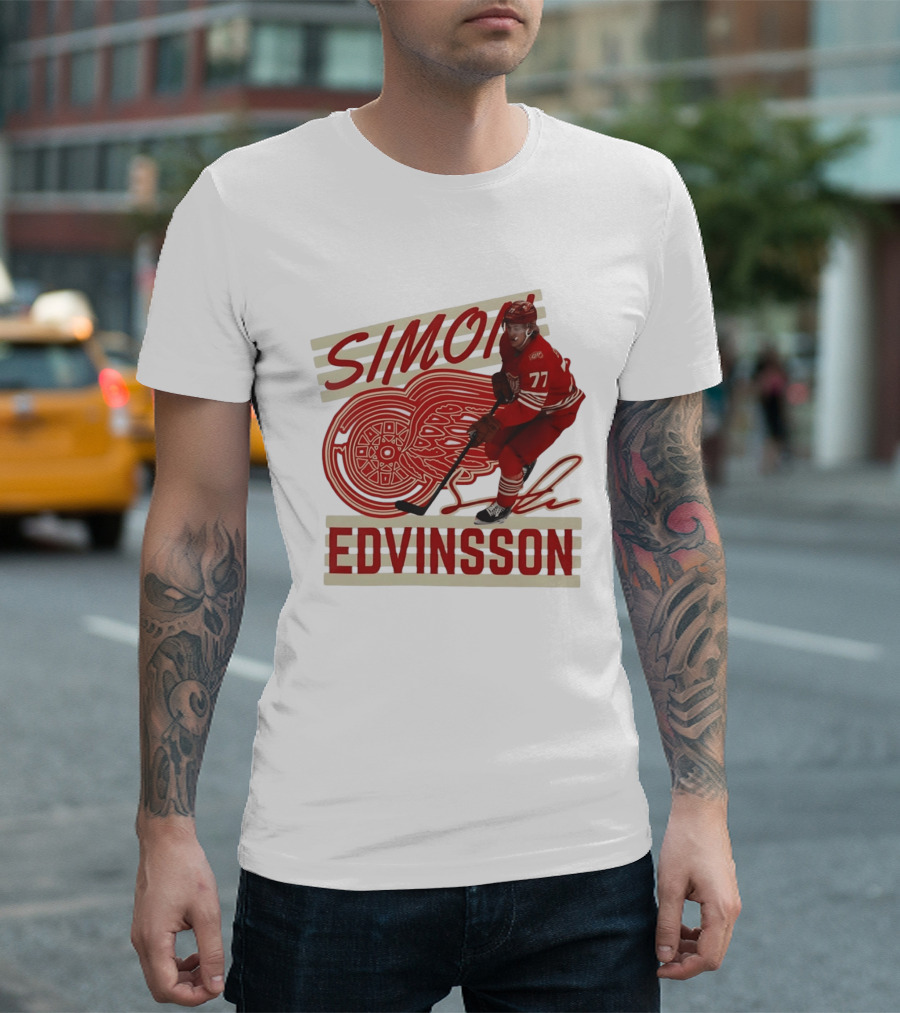 Simon Edvinsson 77 Detroit Red Wings Signature Hockey T-Shirt