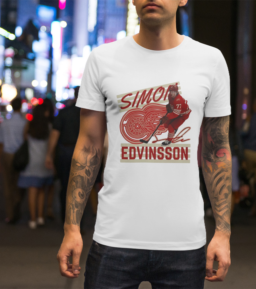 Simon Edvinsson 77 Detroit Red Wings Signature Hockey T-Shirt