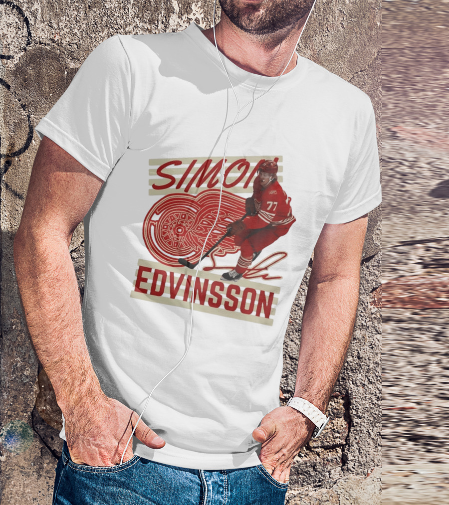 Simon Edvinsson 77 Detroit Red Wings Signature Hockey T-Shirt