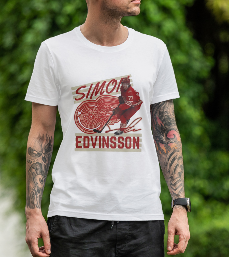 Simon Edvinsson 77 Detroit Red Wings Signature Hockey T-Shirt