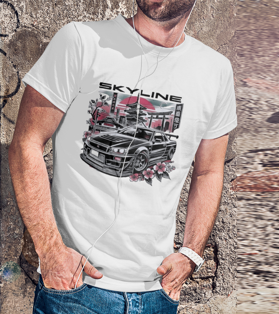 Skyline Japanese Cherry Blossom Car Pagoda Sun Blossoms T-Shirt