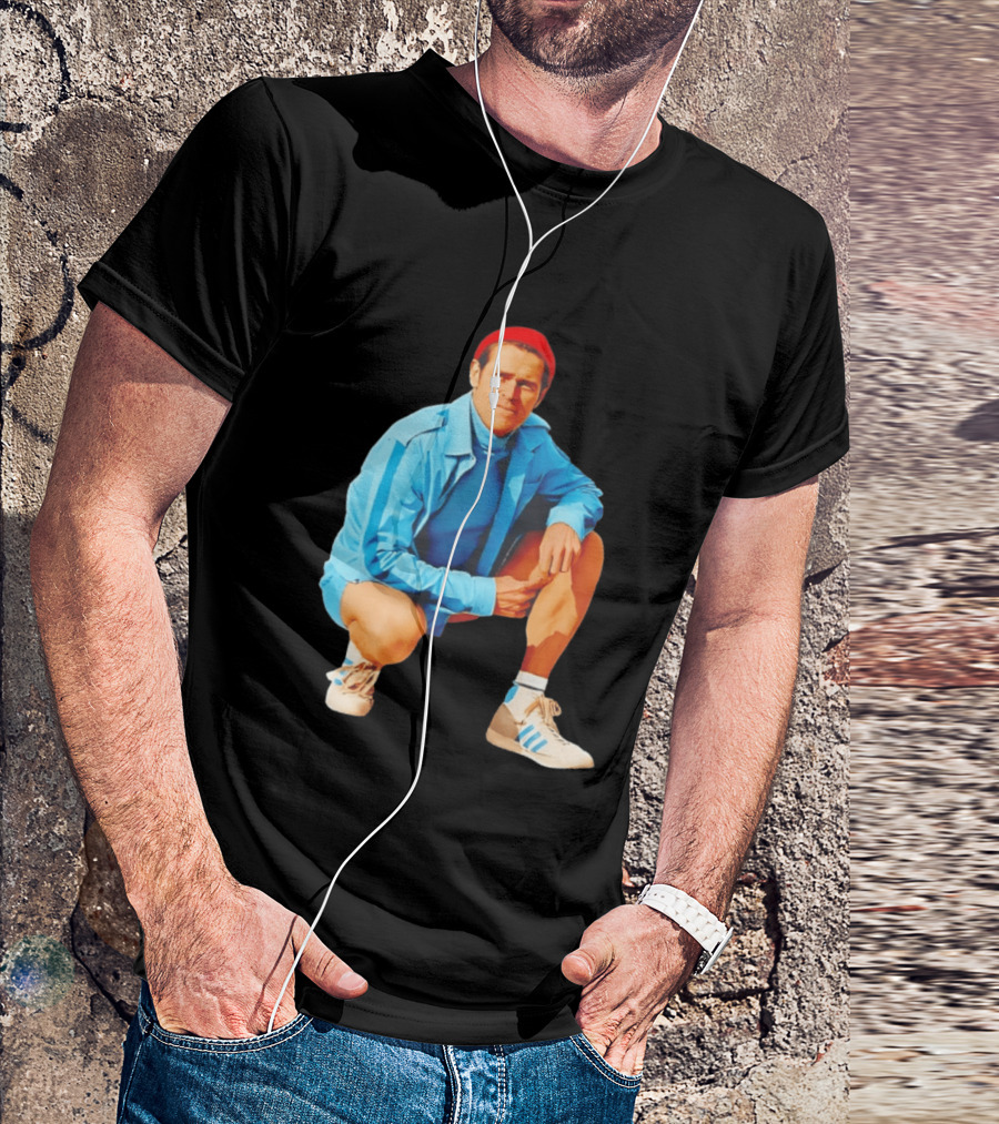 Willem Dafoe Meme Red Beanie Blue Tracksuit Squatting Pose T-Shirt