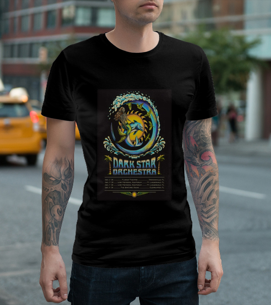 Dark Star Orchestra 2026 Florida Tour Dolphin Skeleton Wave Art And Dates T-Shirt