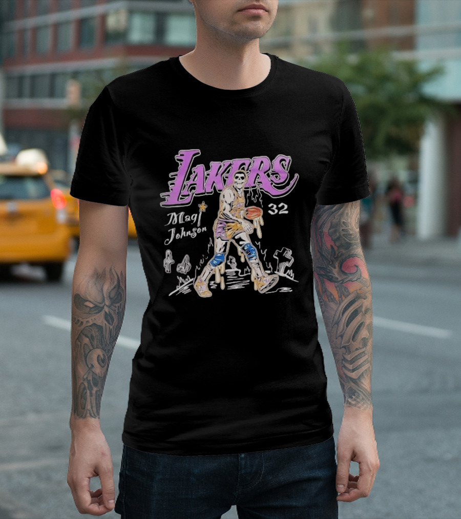Lakers Magic Johnson 32 Skull Basketball Dribbling T-Shirt