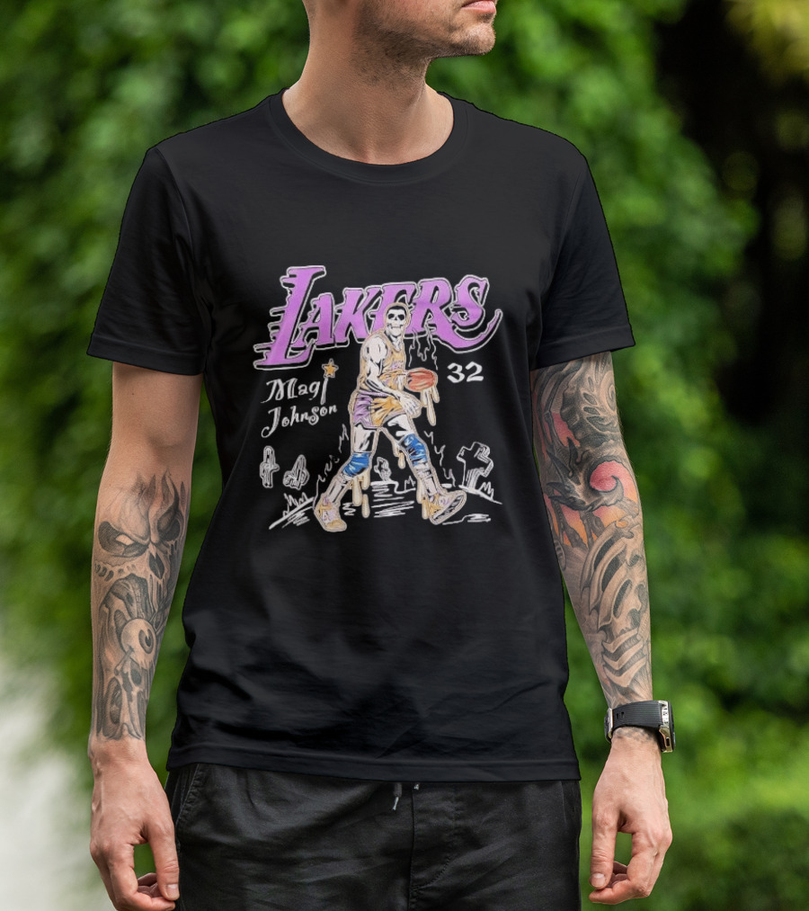Lakers Magic Johnson 32 Skull Basketball Dribbling T-Shirt