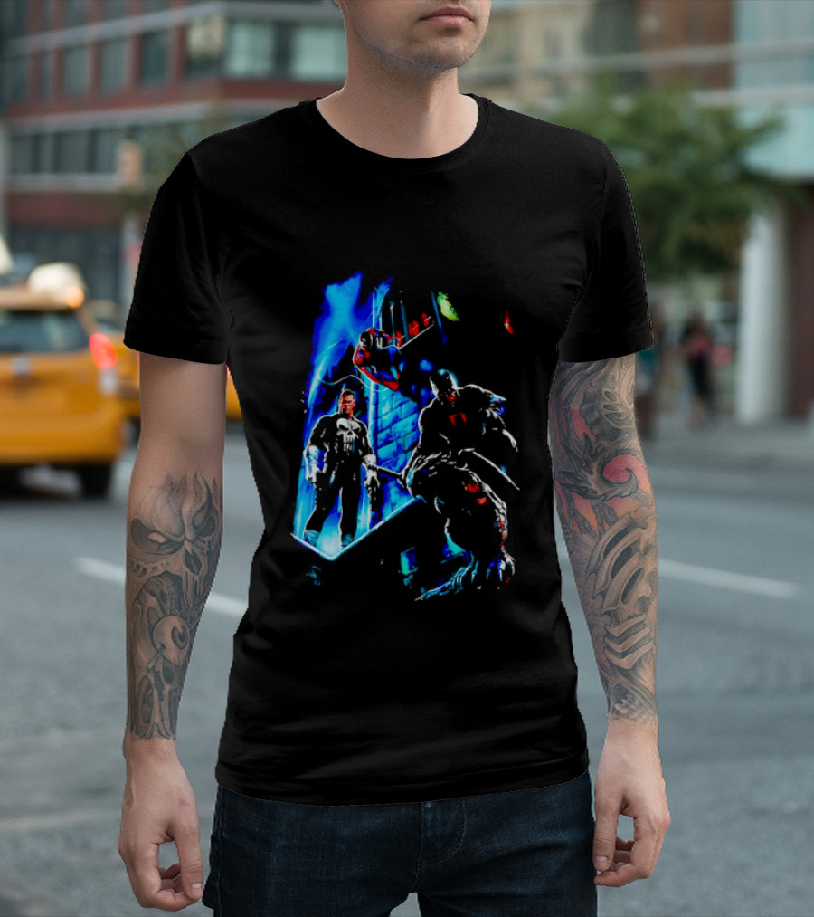 Marvel Comics Vigilante Action The Punisher Spider Man Daredevil Urban Battle Scene T-Shirt