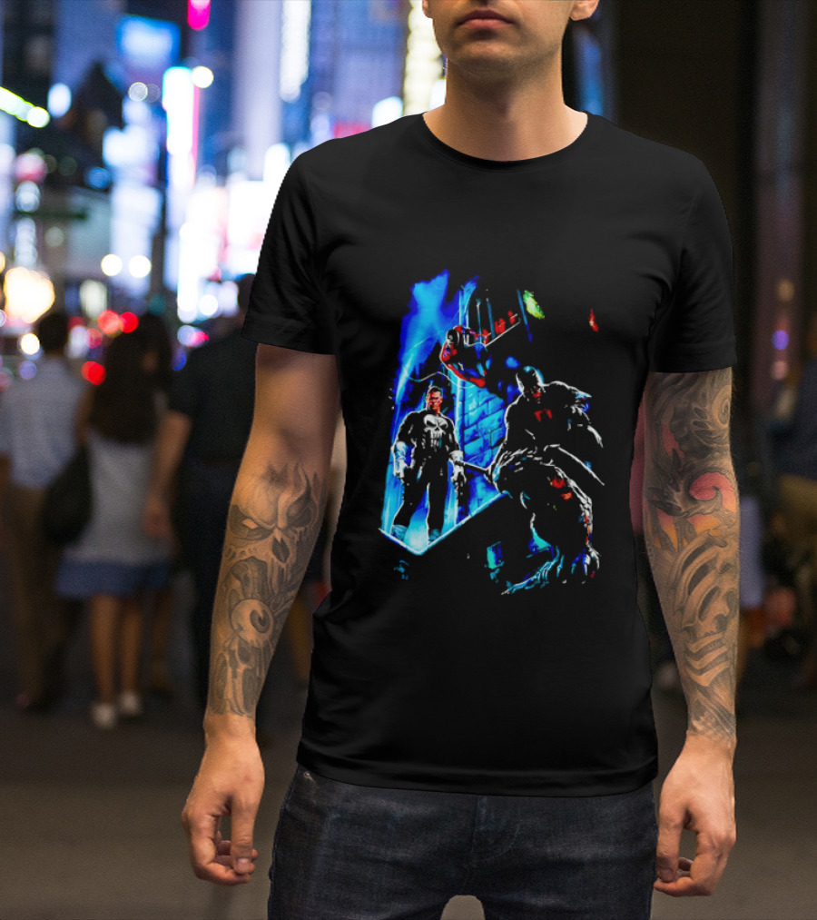 Marvel Comics Vigilante Action The Punisher Spider Man Daredevil Urban Battle Scene T-Shirt
