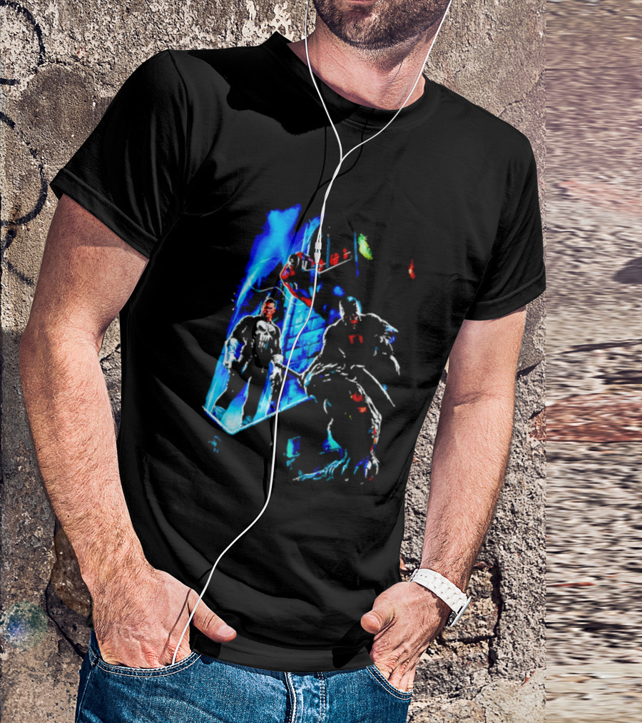 Marvel Comics Vigilante Action The Punisher Spider Man Daredevil Urban Battle Scene T-Shirt