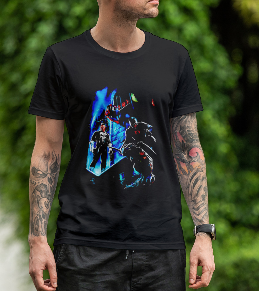 Marvel Comics Vigilante Action The Punisher Spider Man Daredevil Urban Battle Scene T-Shirt
