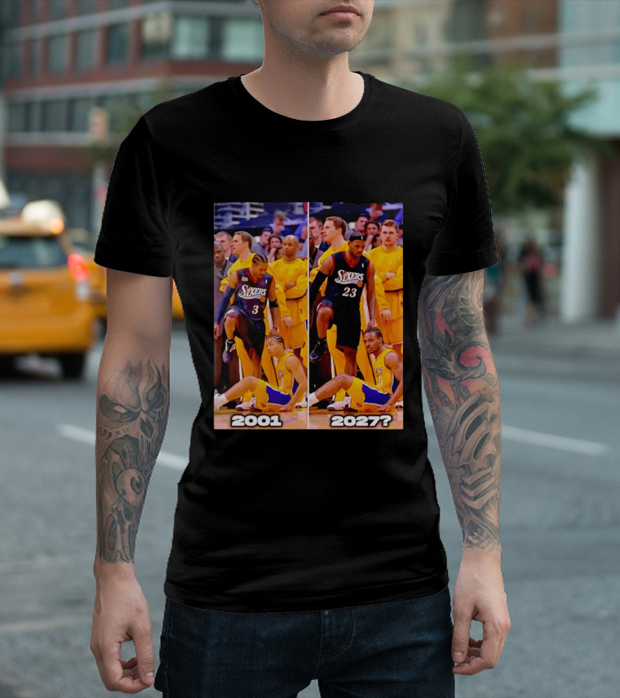 2001 2027 Iverson LeBron Sixers Lakers Step Over Comparison T-Shirt