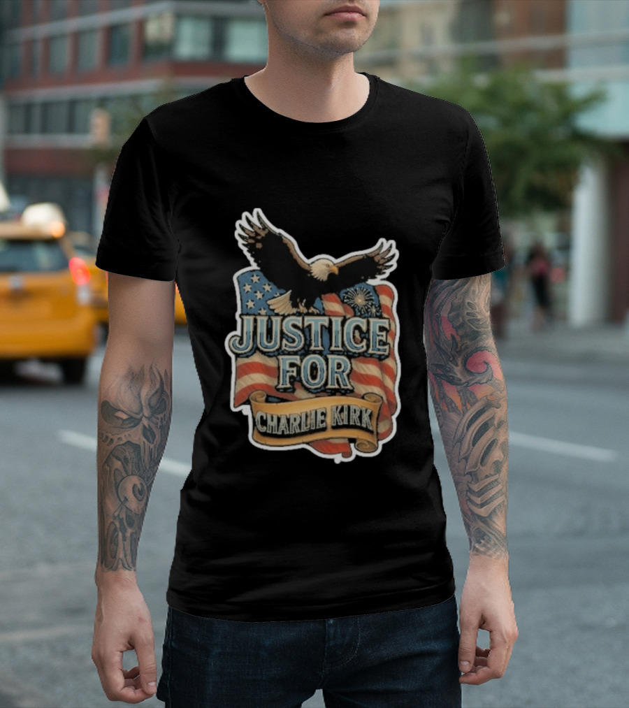 Justice For Charlie Kirk Bald Eagle American Flag Banner T-Shirt