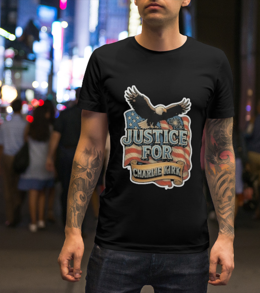 Justice For Charlie Kirk Bald Eagle American Flag Banner T-Shirt