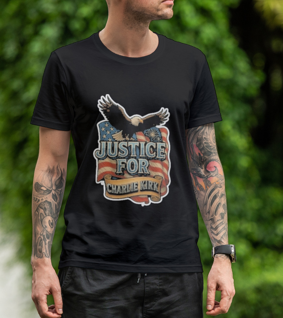 Justice For Charlie Kirk Bald Eagle American Flag Banner T-Shirt