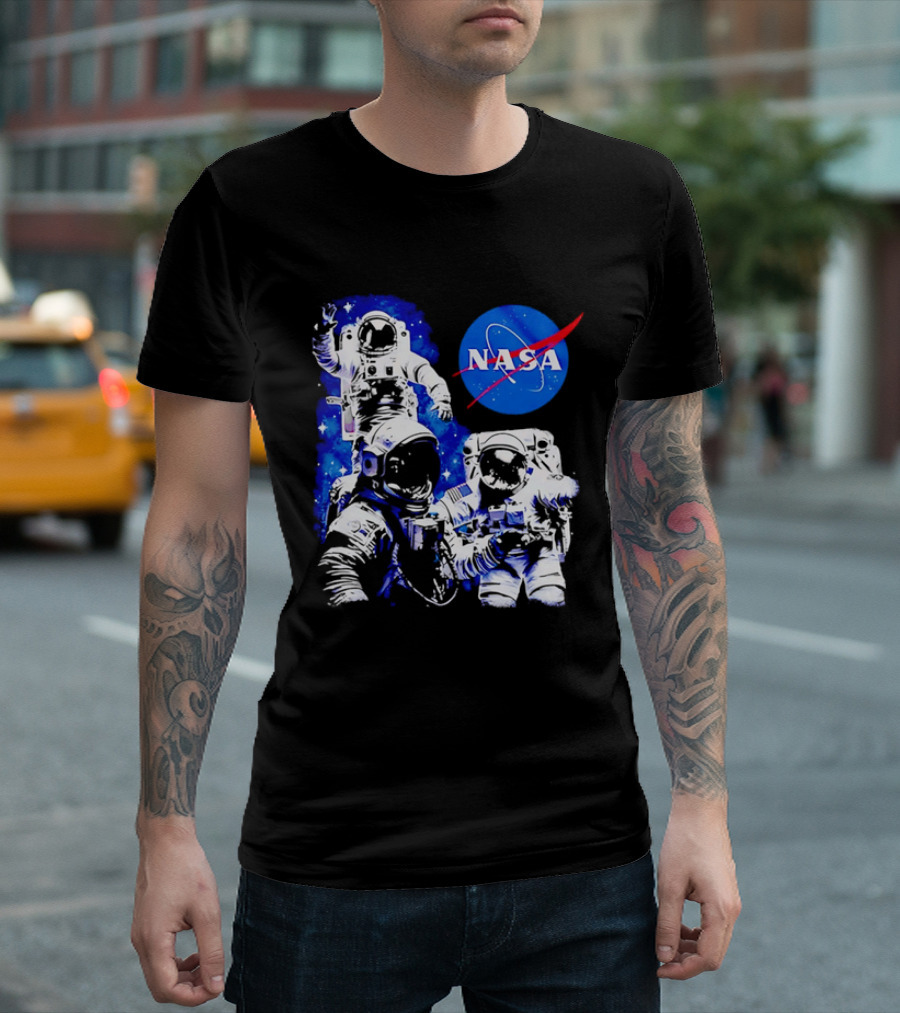 NASA Space Exploration Three Astronauts Floating In Deep Space T-Shirt