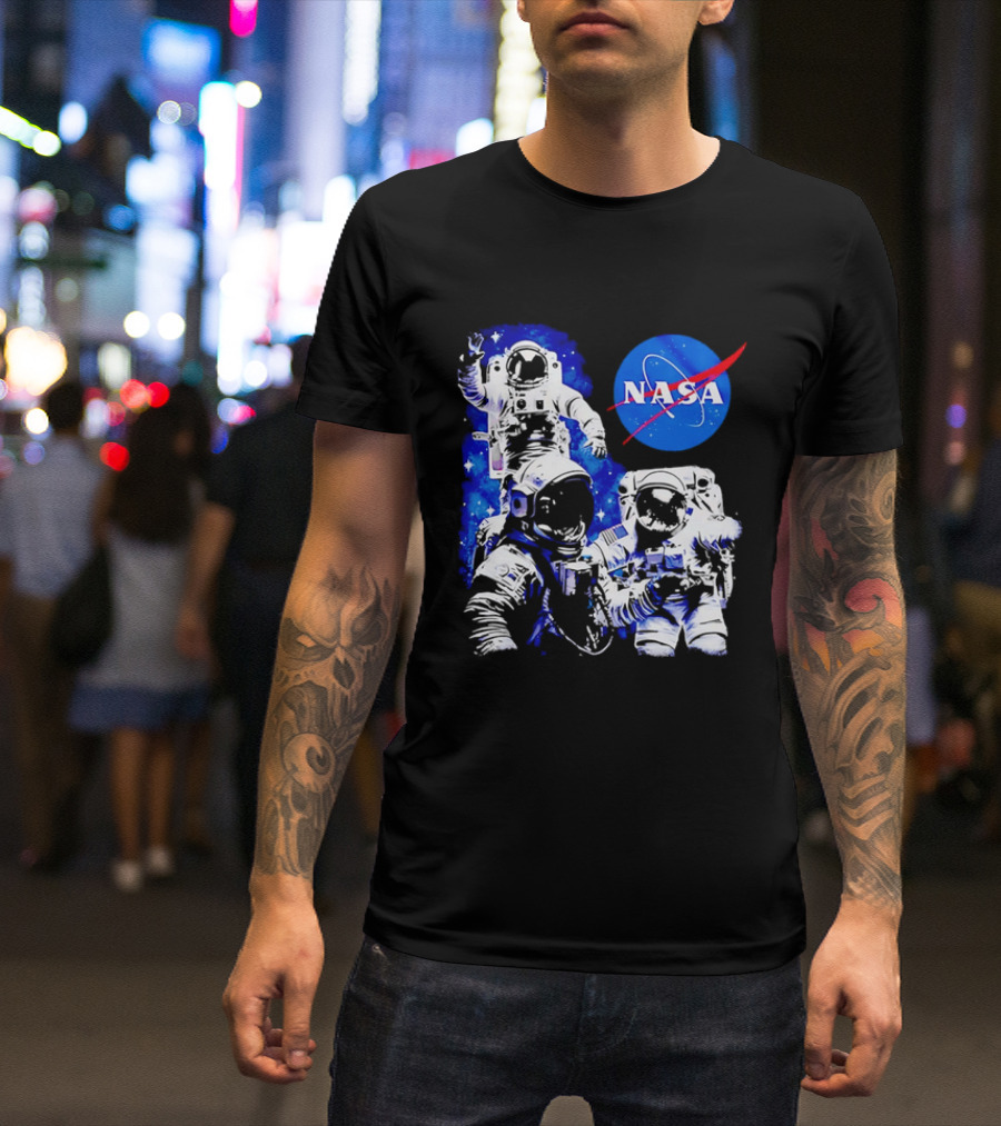 NASA Space Exploration Three Astronauts Floating In Deep Space T-Shirt