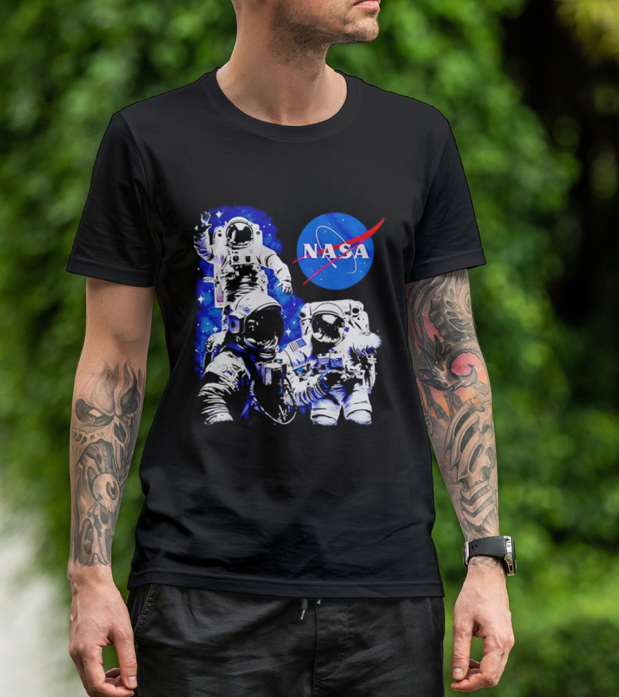 NASA Space Exploration Three Astronauts Floating In Deep Space T-Shirt